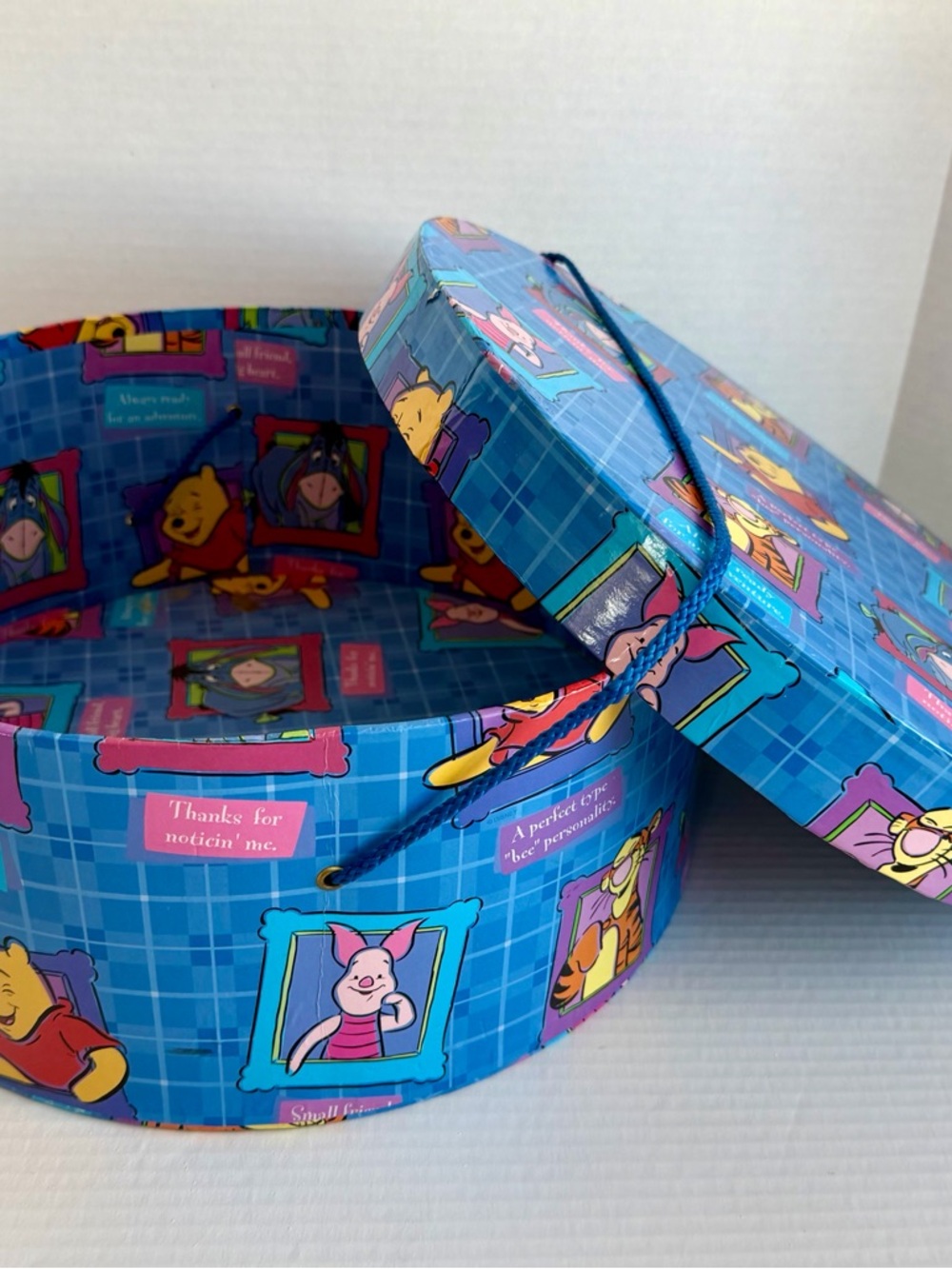 Vintage Classic Disney Winnie The Pooh/Tiger/Piglet Hat Box Round. Blue